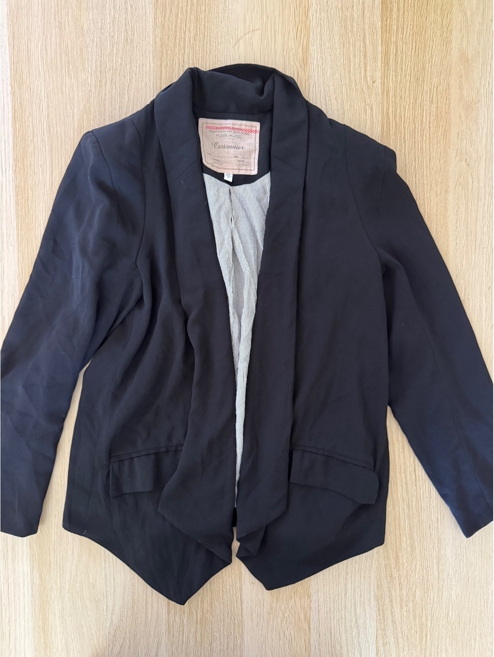 Cartonnier Anthropologie Black Drape Front Blazer Jacket Striped Lining Size SP